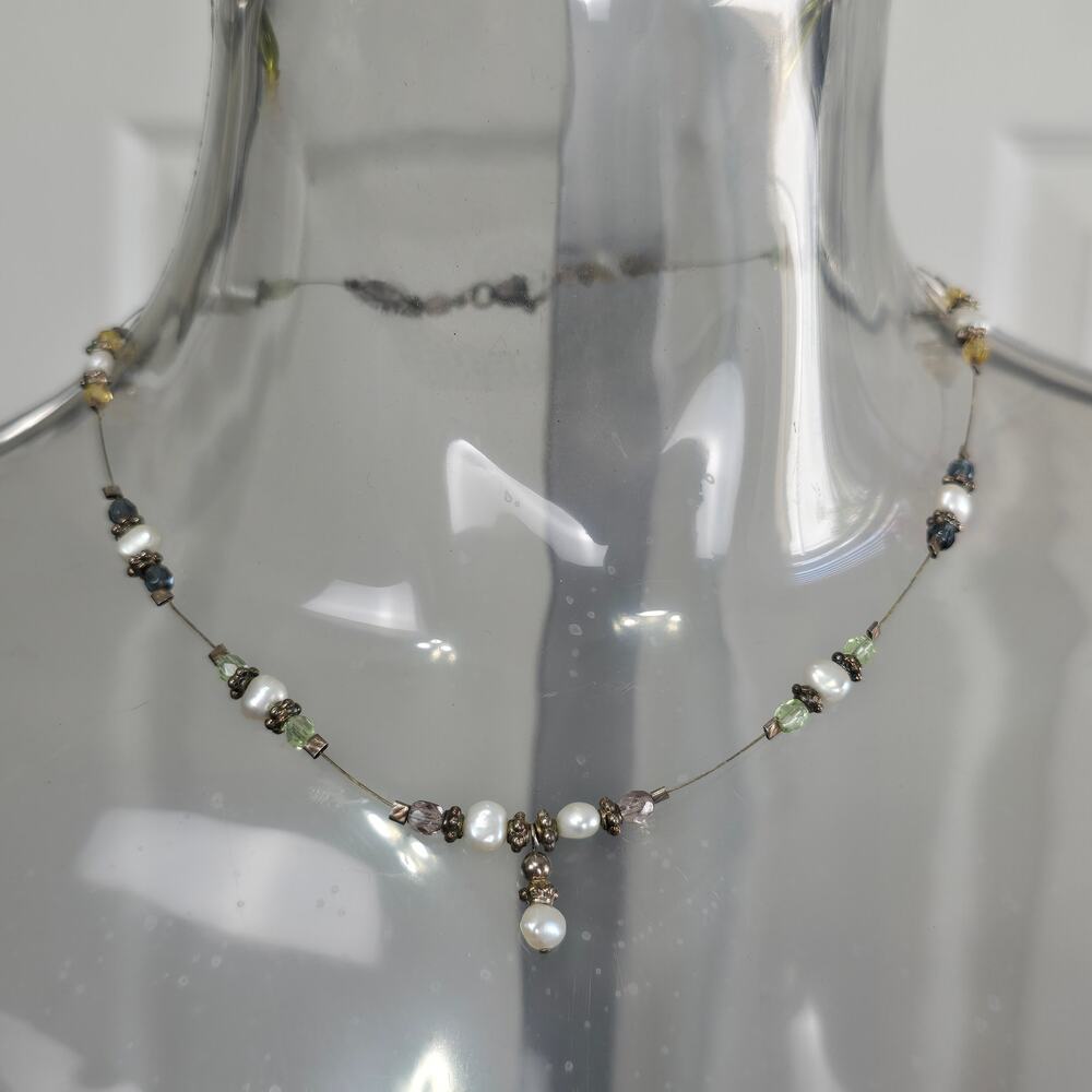 Delicate Vintage Sterling Fresh Water Pearls Crystals Necklace 17" y2k